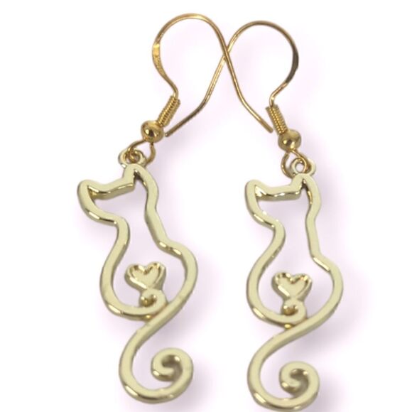 Kitty Cat Heart Dangling Earrings - Picture 1 of 7